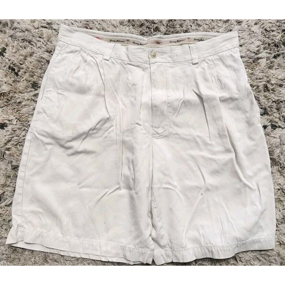 TOMMY BAHAMA Mens Shorts Golf Pleat-Front Chino 100% Silk Beige Tan 35 EUC
